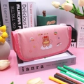 Pink large capacity pencil case with cute brown bear and rainbow design for students - Pink