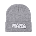 Close-up of MAMA towel embroidery on grey knit beanie with high texture detail - Light Gray