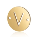 Close-up of gold stainless steel circular pendant with cut-out letter V and dual holes - Letter V