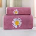 Thick coral fleece daisy embroidered towel set in dusky rose pink with white edging - Towel (35*75cm) / Youth Daisy Series (Purple)