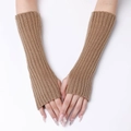 Brown ribbed knit fingerless gloves for women and men, stylish winter arm warmers - Khaki