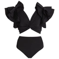 Two-piece black bikini set with high-waisted bottoms and multi-layered flutter sleeves - S / Black