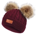Kids winter warm knit hat with dual fluffy faux fur pompoms and leather patch decoration. - Burgundy