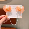 Pair of orange flower hair clips with long pearl tassels for girls Hanfu style - 7# Gradient Orange Forehead Chain