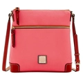 Pink lychee grain leather crossbody bag with deep red contrast trim and gold hardware - Hot Pink