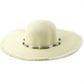 Detail of straw sun hat with beaded starfish band and raw fringe edge texture - M(56-58cm) / Cream