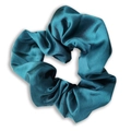 Peacock blue satin scrunchie with a glossy silk-like finish and voluminous pleated design - Teal