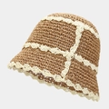 Sombrero tipo cubo de paja de ganchillo bicolor con ribete ondulado beige elegante - M (56-58cm) / Beige y Caqui Bicolor