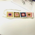 Ethnic style colorful granny square crochet headband with adjustable ties and lace trim - Rainbow White