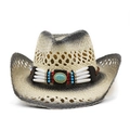 Chapeau de cowboy en paille avec pierre turquoise et ruban ethnique sur fond blanc - Beige avec Bords Dégradés Noirs (02)