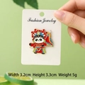 Enamel Peking Opera Panda brooch in metal finish with vibrant red and blue colors - Peking Opera Warrior Lady Panda