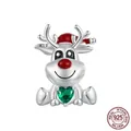 S925 sterling silver Christmas reindeer charm with red hat and green heart gemstone - Red Hat Reindeer (SCC2656)