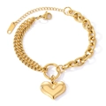 Polished gold double-layer stainless steel heart pendant bracelet on white backdrop - Gold
