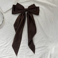 Elegant dark brown large bow hair clip with long ribbon streamers in matte satin fabric - Dark Coffee