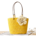 Handmade yellow straw handbag with white flower detail and brown leather handles - Yellow
