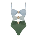 Driekleurig uitgesneden badpak in blauw, munt en groen met gouden gespen decor - S / Badpak uit één stuk / Groene Patchwork Badpak