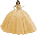 Golden off-shoulder Quinceanera ball gown with lace appliques and crystal embellishments - Gold with Train