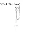 Detail view of Style C steel earring with cross pendant, double chain, and stud ball - Style C / Steel