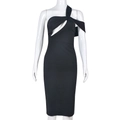 Detail of black one-shoulder dress with sexy asymmetric cutout and slim fit cut - S / Black