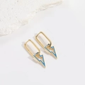 Elegant gold lightning bolt drop earrings with blue enamel trim on white stone base - Blue Lightning