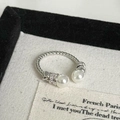Silver twist band ring with dual pearls and sparkling zircon in a luxury velvet gift box - Double Pearl Vintage Style Ring