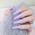 Glossy lavender extra-long ballerina press-on nails shown on a model hand with mesh - Lavender (CBLL-17)