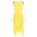 Chic yellow sleeveless bodycon midi dress with ruffled hem and open back design - M / Yellow