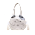 Cute cartoon cat canvas crossbody bag in beige with Mingdiandian logo and shoulder strap - Small / White