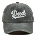 Close-up of white 'Dad' embroidery on washed dark grey cotton canvas baseball cap - Army Green (Dad)