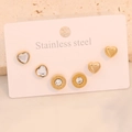 Three-pair gold stainless steel earring set featuring heart shapes and Roman numerals - 5# Heart Round Style