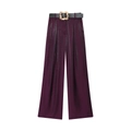 Pantaloni a gamba larga viola scuro da donna lucidi con cintura e fibbia dorata - S / Pants