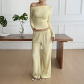 Casual yellow two-piece set with long sleeve off-shoulder top and wide pleated trousers - S / Yellow