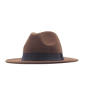 Detail view of a brown wool felt wide brim fedora hat with a stylish dark band ribbon - M (56-58cm) / Coffee