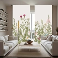 Detail of decorative window curtains featuring colorful botanical flower illustrations - 130x160cm (2 Panels) / Fresh Botanical Herbs