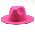 Detailed close-up of rose red fedora wool felt hat with classic flat brim and pinch crown - M (56-58cm) / Rose Red