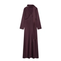 Elegant deep purple satin long sleeve dress with matching scarf detail on white background - XS / Reddish Brown