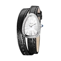 Reloj de cuarzo para mujer con correa de cuero negro y bisel de serpiente con pedrería - Plata Negro