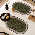 Set of 2 oval waterproof leather placemats with green floral print and brown border - Oval / 4 Pieces / French Vintage Style-O