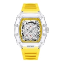 Detail of tonneau mechanical watch with skeleton dial and vibrant yellow silicone strap - Transparent Yellow Dial - Yellow Strap