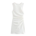 Detail of elegant white sleeveless dress featuring side waist pleats and satin texture - S / White