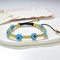 Bracciale occhio del diavolo fatto a mano con perline di rame dorato e cordino nero - Stile Occhio del Diavolo Blu Chiaro (221025G-D-2)