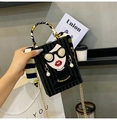 Black striped box evening bag with cartoon face detail and silk scarf handle - Black
