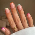 Macro detail of rainbow French manicure square nails with macaron colors and gold ring - Macaron Rainbow French Style (CW546)