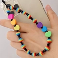 Handheld rainbow beaded phone charm with colorful hearts and striped resin beads - Rainbow Heart Plastic