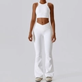 White ribbed yoga set featuring V-cross high waist flare pants and racerback sports bra - S / -2 Bra + Flare Pants / Swan White