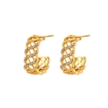 Chic 18K gold plated stainless steel C-shaped mesh earrings with inlaid zircon - Wide C-Shape Hollow Mesh Earrings with White Zircon