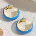 Minimalist gold C-shaped enamel hoop earrings in vibrant blue and pink colors - Blue
