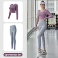 Damen-Fitness-Set mit lila Langarm-Crop-Top und grauen Leggings mit hoher Taille - S / Oberteil Und Unterteil / Beerenlila + Grauseeblau