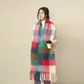 Thick mohair scarf with colorful checkered pattern and long fringe in winter style - White Red Blue Mix