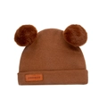 Infant winter beanie in dark brown with two large pom-poms and a leather handmade tag - Dark Brown (SS142-8)